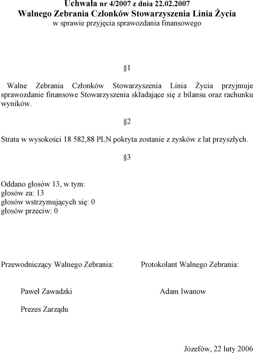 Stowarzyszenia Linia Życia przyjmuje sprawozdanie finansowe Stowarzyszenia składające