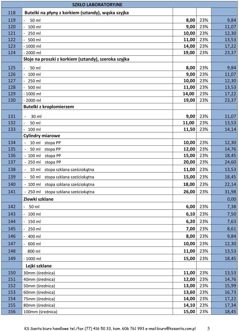 129-1000 ml 14,00 23% 17,22 130-2000 ml 19,00 23% 23,37 Butelki z kroplomierzem 131-30 ml 9,00 23% 11,07 132-50 ml 11,00 23% 13,53 133-100 ml 11,50 23% 14,14 Cylindry miarowe 134-10 ml stopa PP 10,00