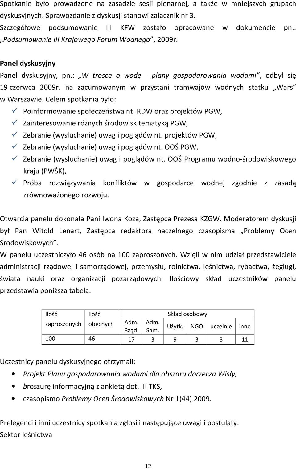 : W trosce o wodę - plany gospodarowania wodami, odbył się 19 czerwca 2009r. na zacumowanym w przystani tramwajów wodnych statku Wars w Warszawie.