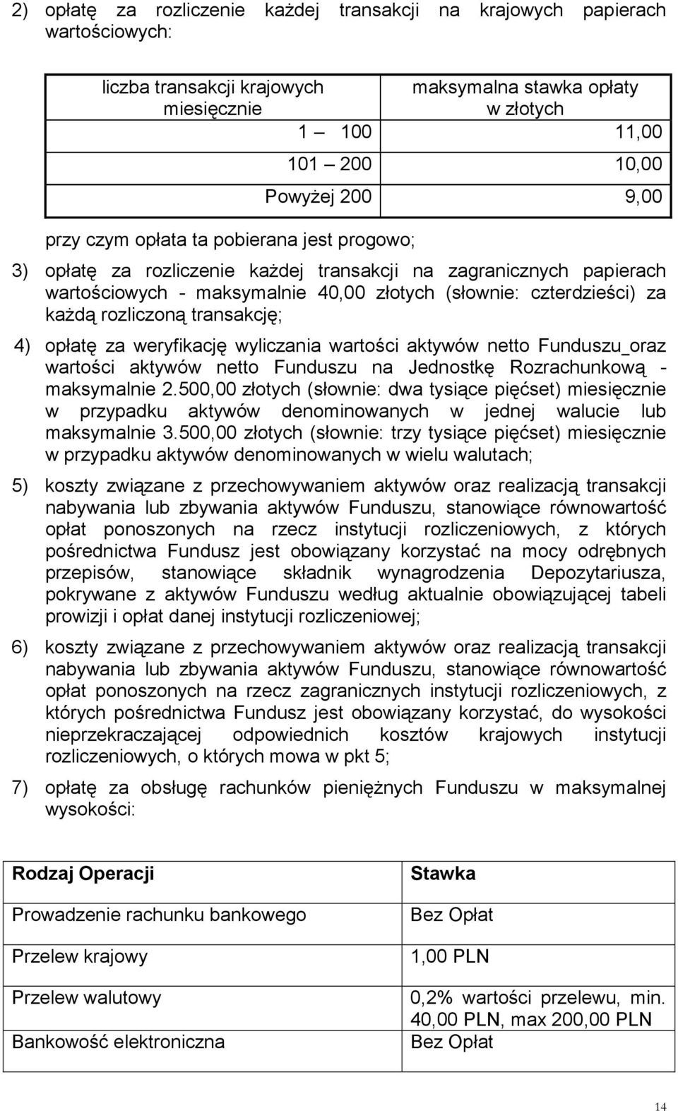 rozliczoną transakcję; 4) opłatę za weryfikację wyliczania wartości aktywów netto Funduszu oraz wartości aktywów netto Funduszu na Jednostkę Rozrachunkową - maksymalnie 2.