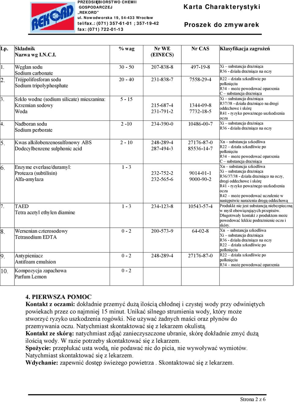 Enzyme everlase/duramyl: Proteaza (subtilisin) Alfa-amylaza 7. TAED Tetra acetyl ethylen diamine 8. Wersenian czterosodowy Tetrasodium EDTA 9. Antypieniacz Antifoam emulsion 10.