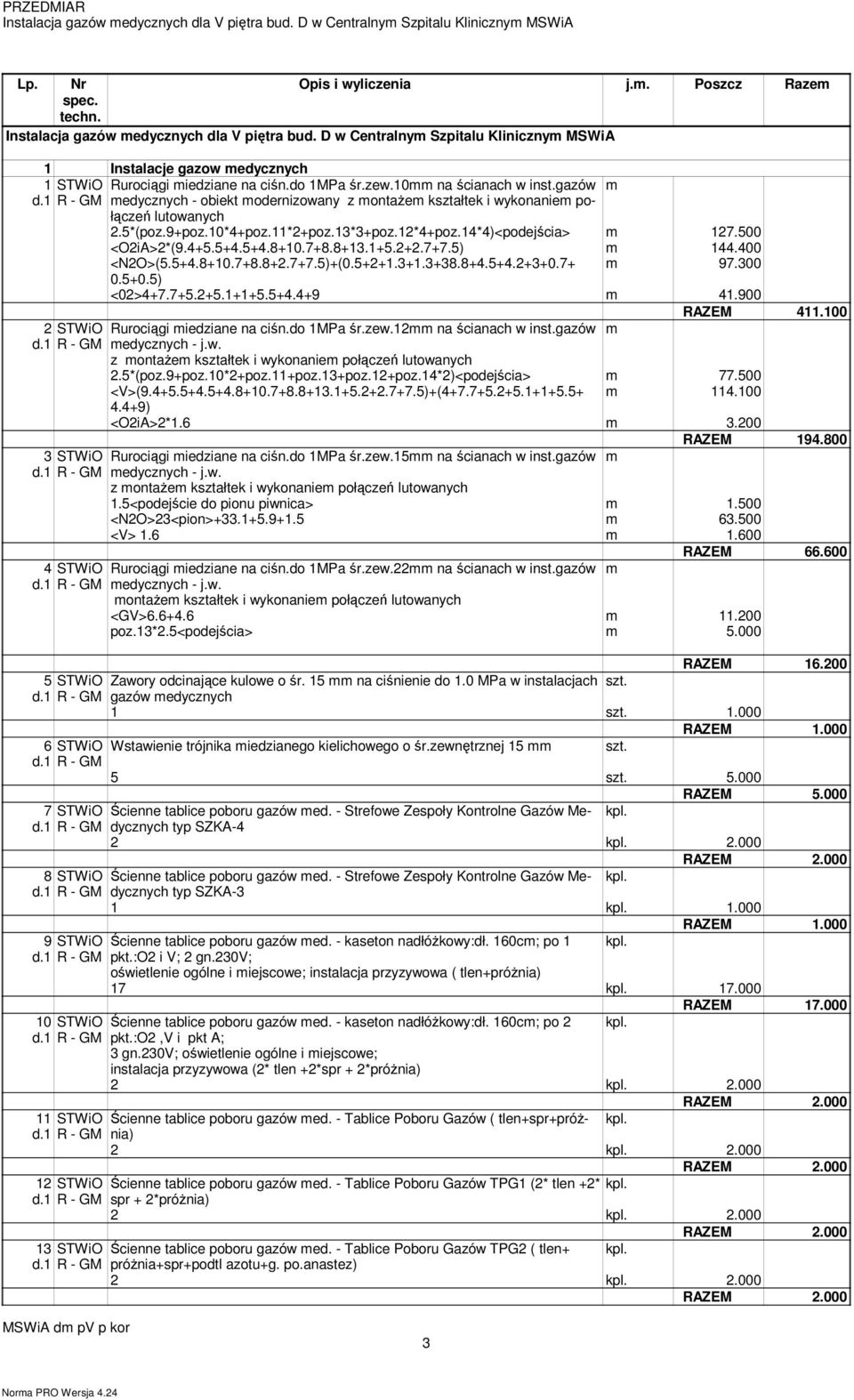 gazów edycznych - obiekt odernizowany z ontaŝe kształtek i wykonanie połączeń lutowanych 2.5*(poz.9+poz.10*4+poz.11*2+poz.13*3+poz.12*4+poz.14*4)<podejścia> 127.500 <O2iA>2*(9.4+5.5+4.5+4.8+10.7+8.