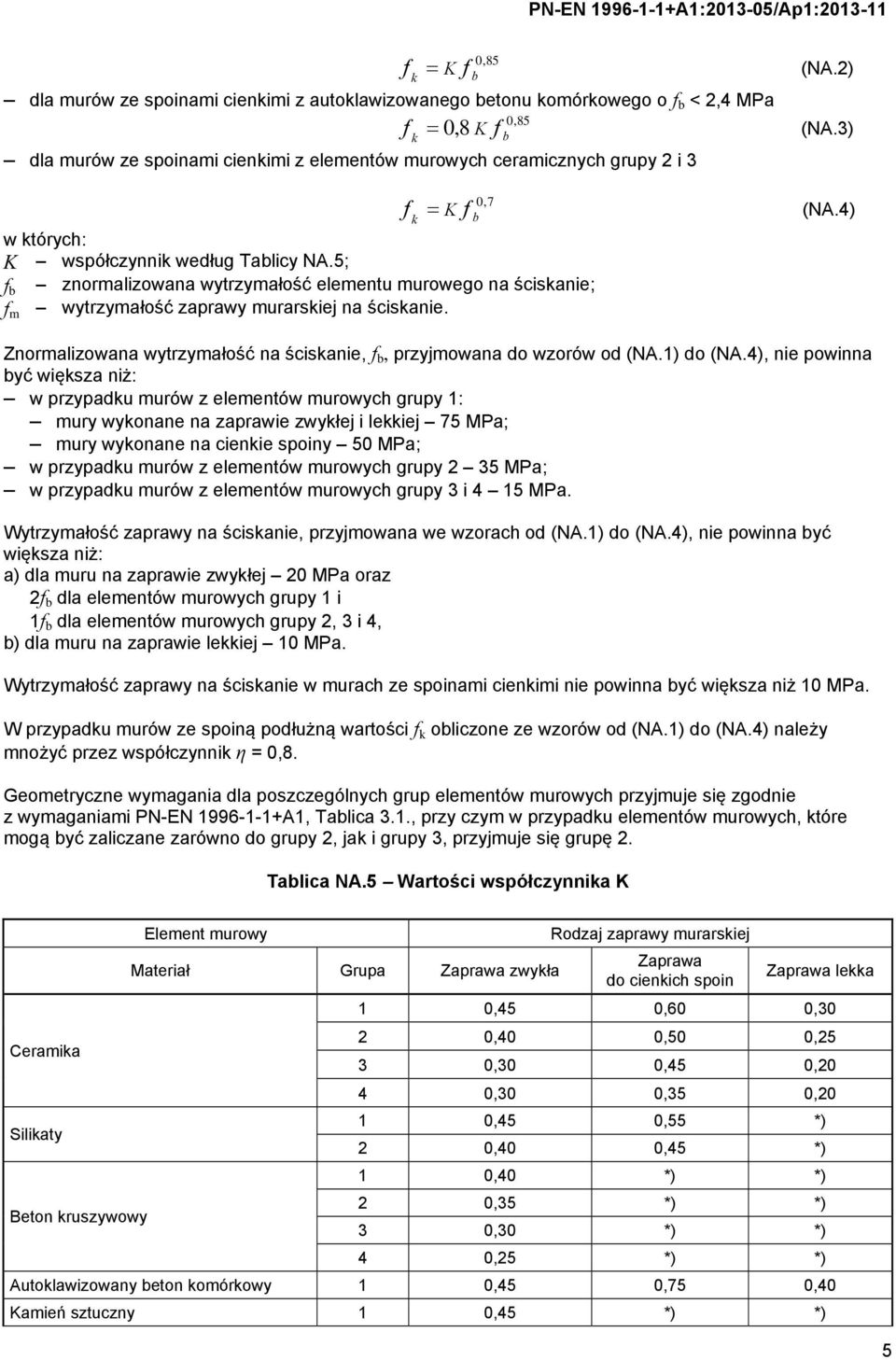 5; f b znormalizowana wytrzymałość elementu murowego na ściskanie; f m wytrzymałość zaprawy murarskiej na ściskanie. Znormalizowana wytrzymałość na ściskanie, f b, przyjmowana do wzorów od (NA.