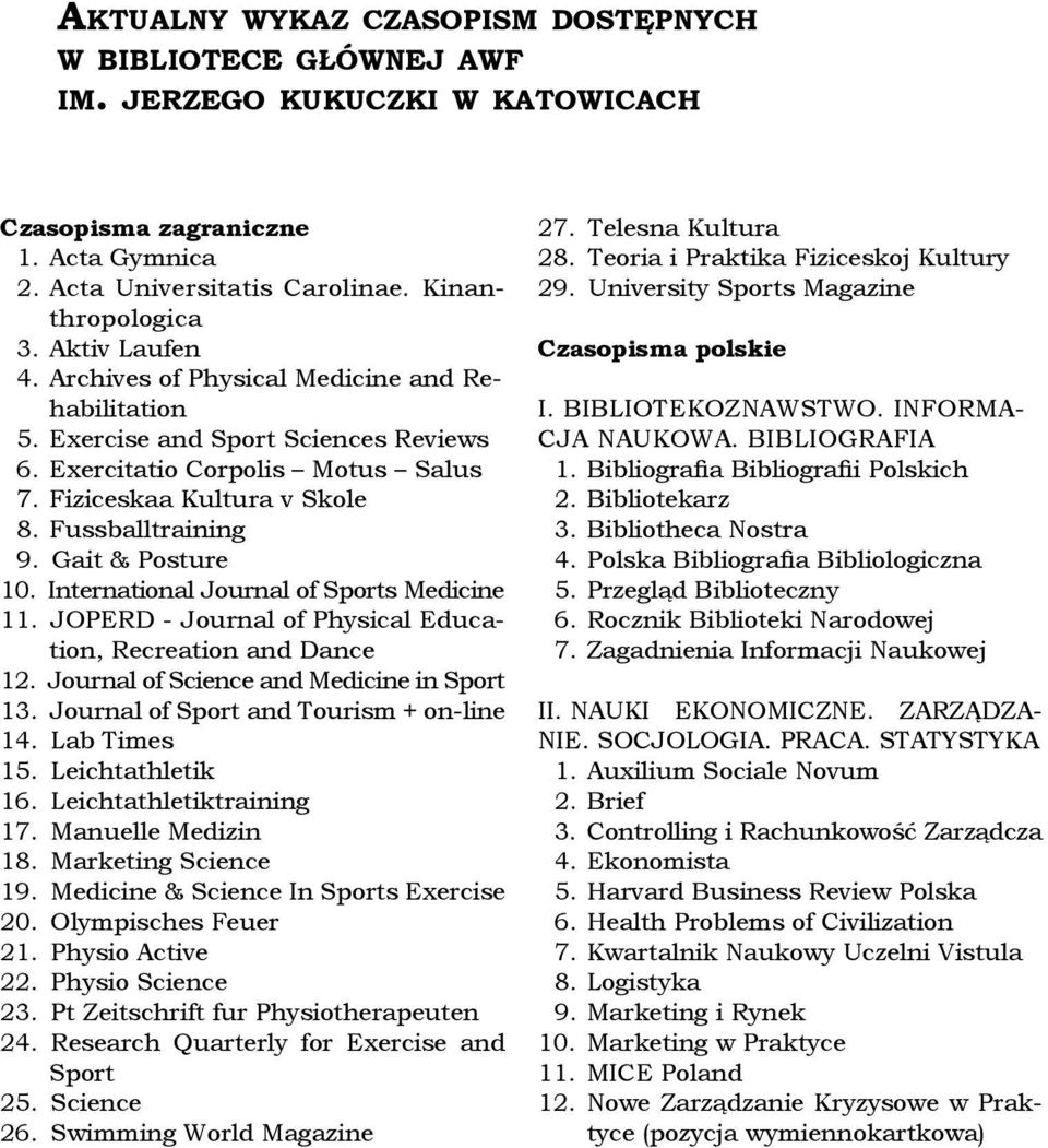 Gait & Posture 10. International Journal of Sports Medicine 11. JOPERD - Journal of Physical Education, Recreation and Dance 12. Journal of Science and Medicine in Sport 13.