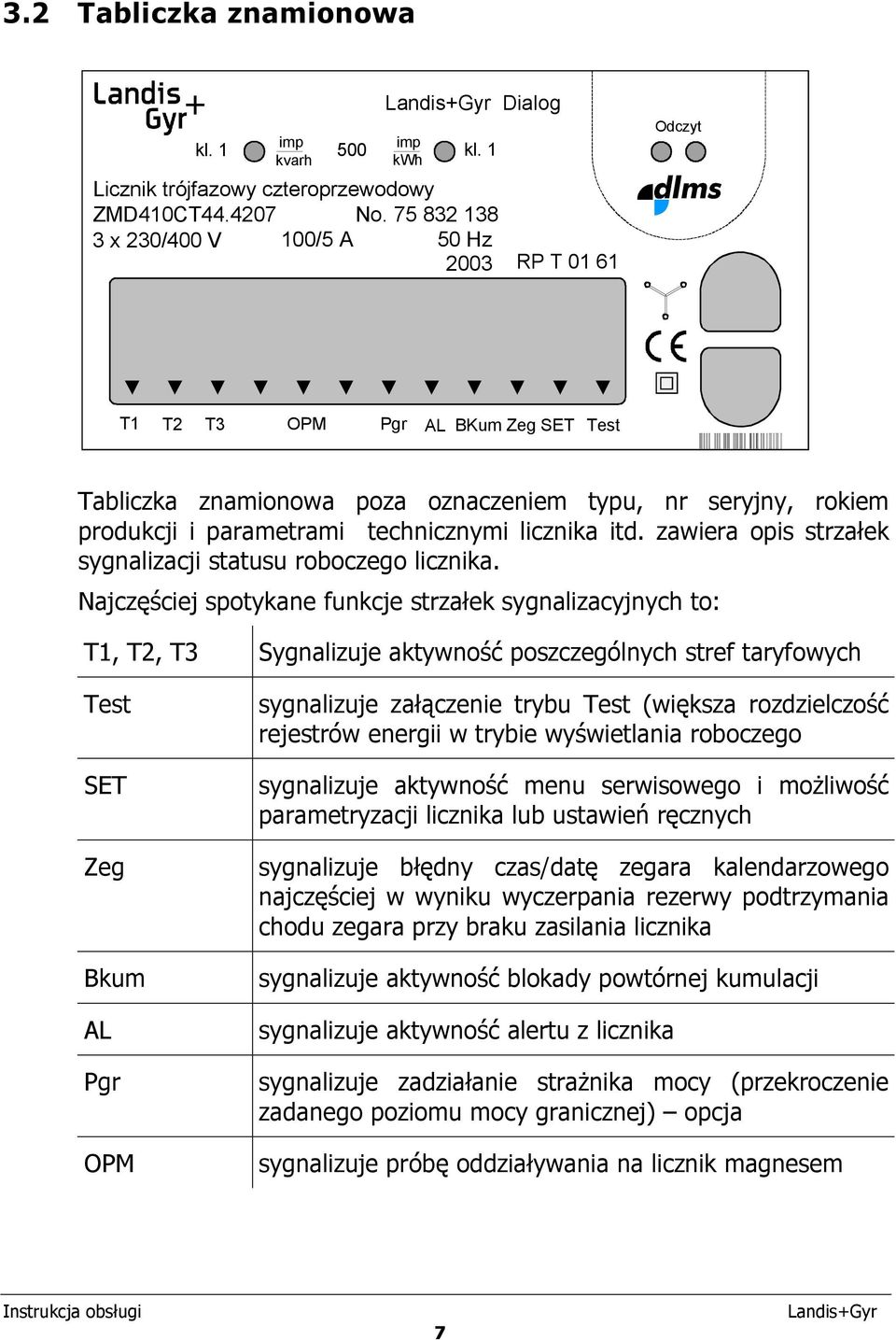 licznika itd. zawiera opis strzałek sygnalizacji statusu roboczego licznika.