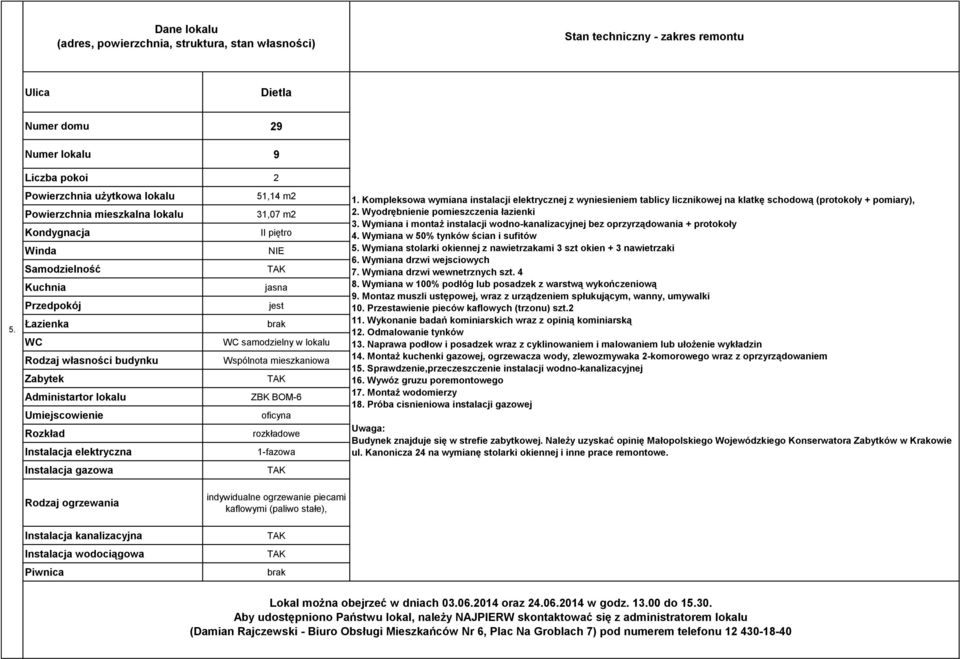 Wymiana i montaż instalacji wodno-kanalizacyjnej bez oprzyrządowania + protokoły 4. Wymiana w 50% tynków ścian i sufitów 5. Wymiana stolarki okiennej z nawietrzakami 3 szt okien + 3 nawietrzaki 6.