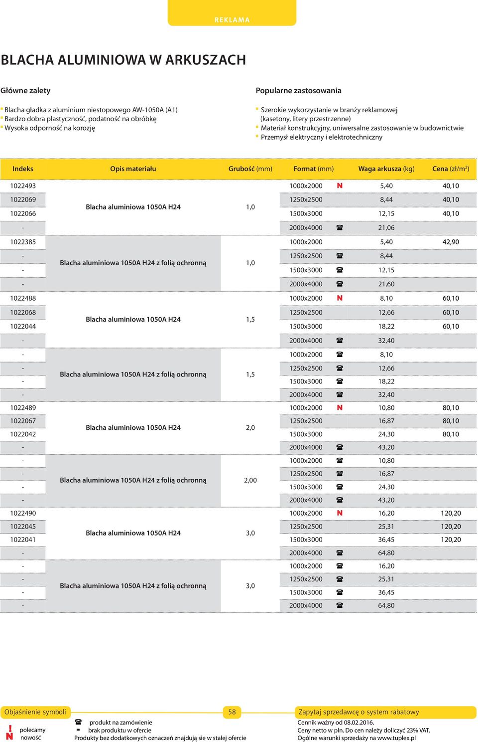 Grubość Format Waga arkusza (kg) Cena (zł/m 2 ) 1022493 1000x2000 N 5,40 40,10 1022069 1250x2500 8,44 40,10 1022066 Blacha aluminiowa 1050A H24 1,0 1500x3000 12,15 40,10-2000x4000 21,06 1022385