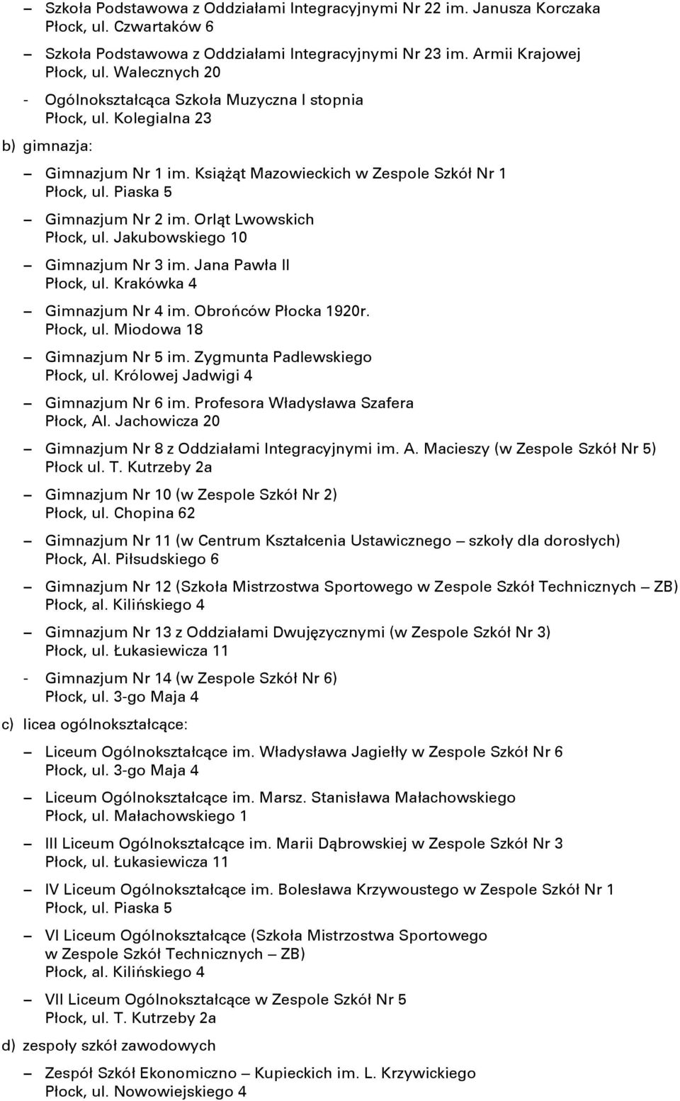Orląt Lwowskich Płock, ul. Jakubowskiego 10 Gimnazjum Nr 3 im. Jana Pawła II Płock, ul. Krakówka 4 Gimnazjum Nr 4 im. Obrońców Płocka 1920r. Płock, ul. Miodowa 18 Gimnazjum Nr 5 im.