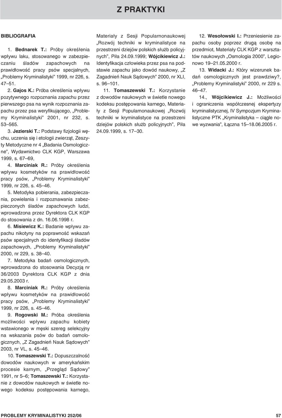 : Podstawy fizjologii wêchu, uczenia siê i etologii zwierz¹t, Zeszyty Metodyczne nr 4 Badania Osmologiczne, Wydawnictwo CLK KGP, Warszawa 1999, s. 67 69, 4. Marciniak R.