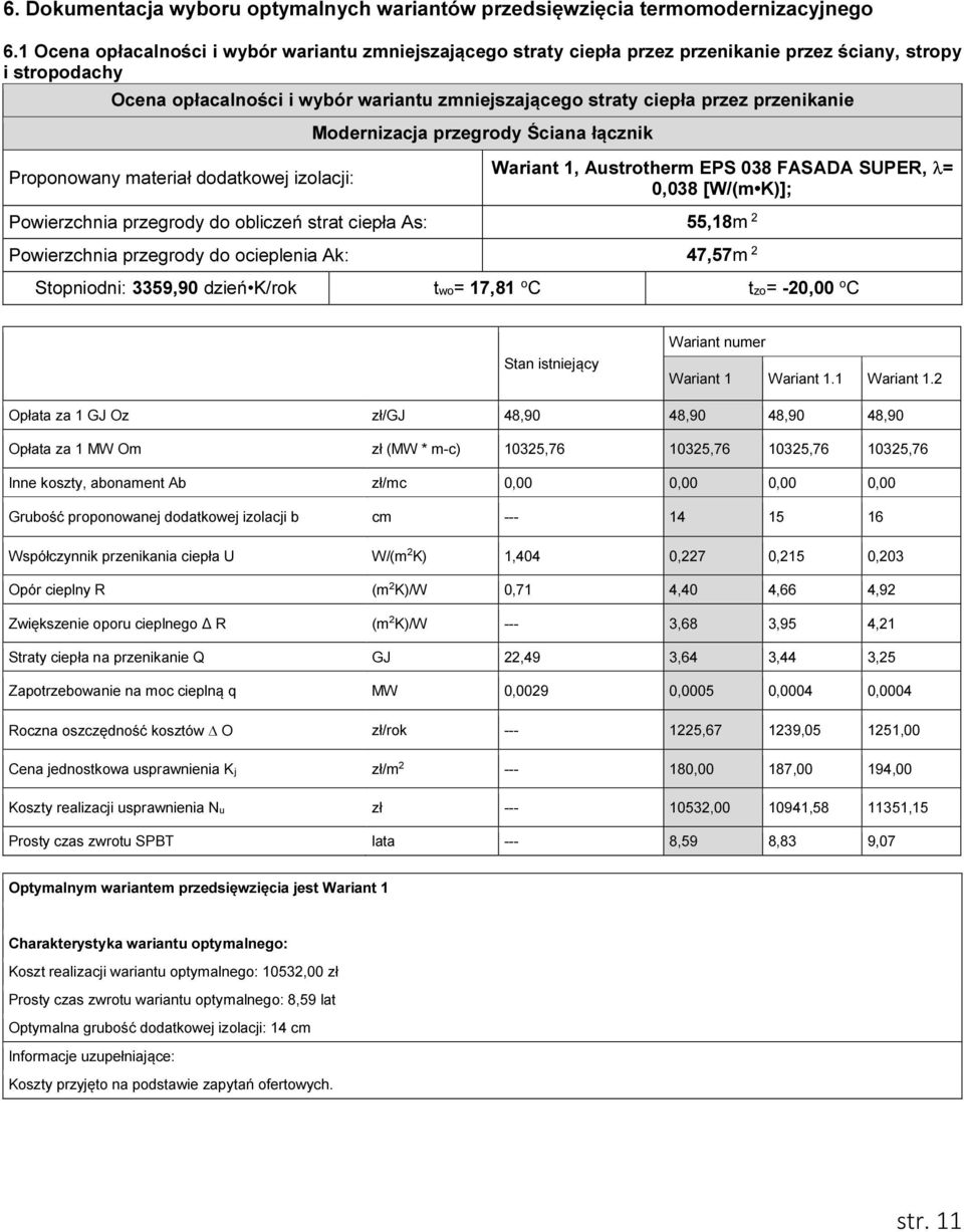 przenikanie Modernizacja przegrody Ściana łącznik Proponowany materiał dodatkowej izolacji: Wariant 1, Austrotherm EPS 038 FASADA SUPER, λ= 0,038 [W/(m K)]; Powierzchnia przegrody do obliczeń strat