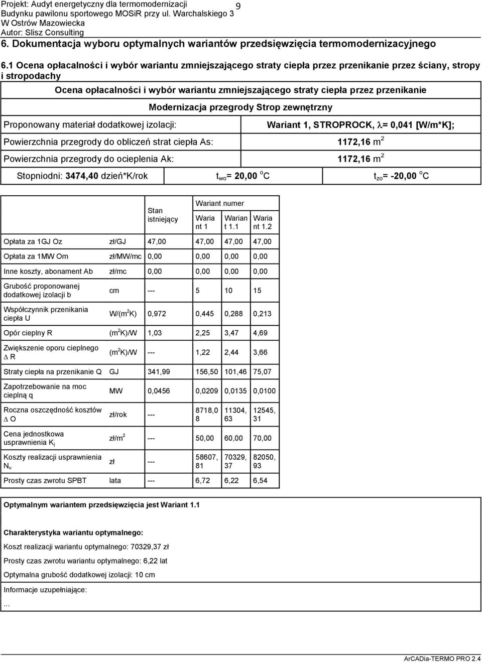 przenikanie Proponowany materiał dodatkowej izolacji: Modernizacja przegrody Strop zewnętrzny Wariant 1, STROPROCK, = 0,041 [W/m*K]; Powierzchnia przegrody do obliczeń strat ciepła As: 1172,16 m 2