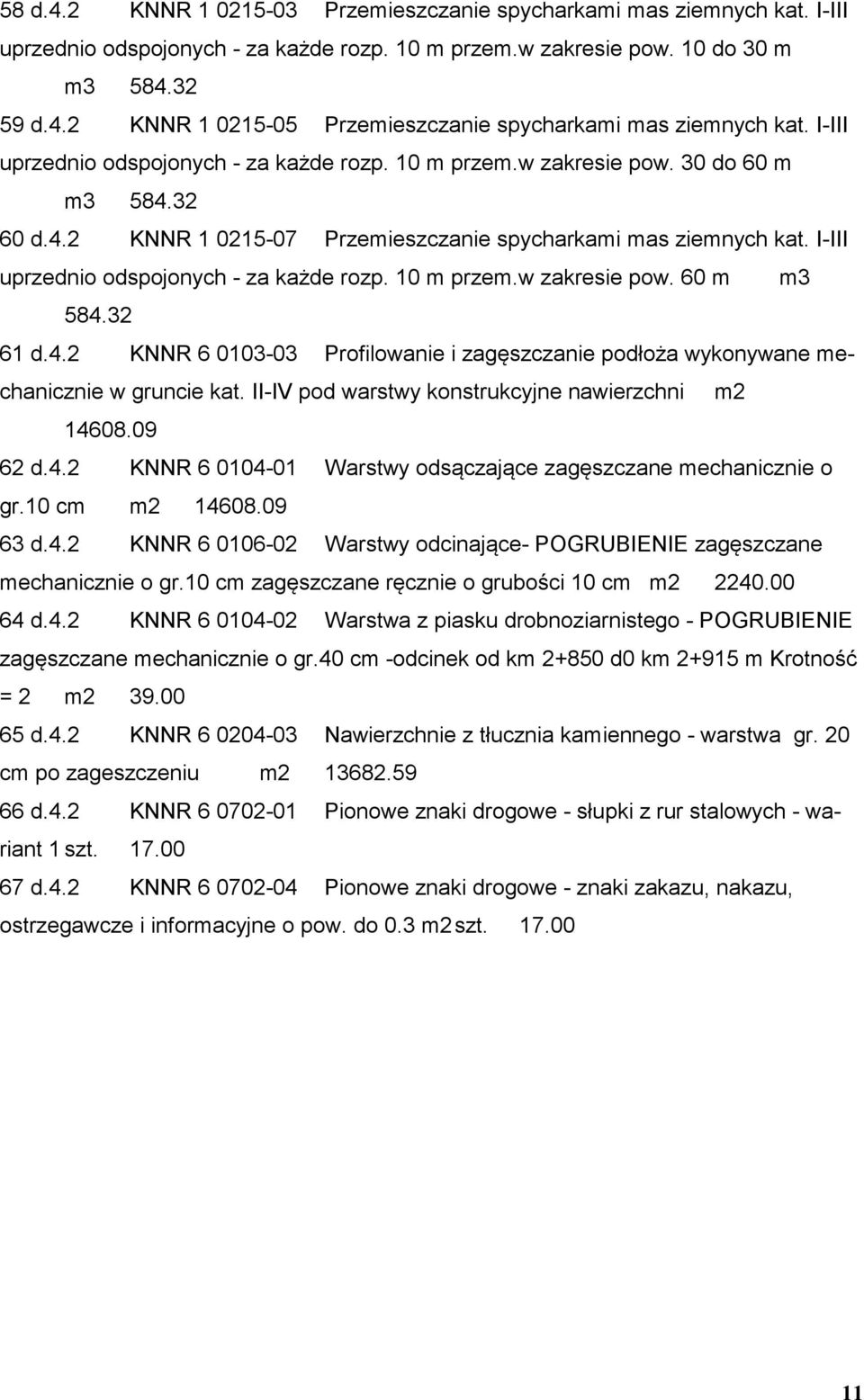 I-III uprzednio odspojonych - za każde rozp. 10 m przem.w zakresie pow. 60 m m3 584.32 61 d.4.2 KNNR 6 0103-03 Profilowanie i zagęszczanie podłoża wykonywane mechanicznie w gruncie kat.