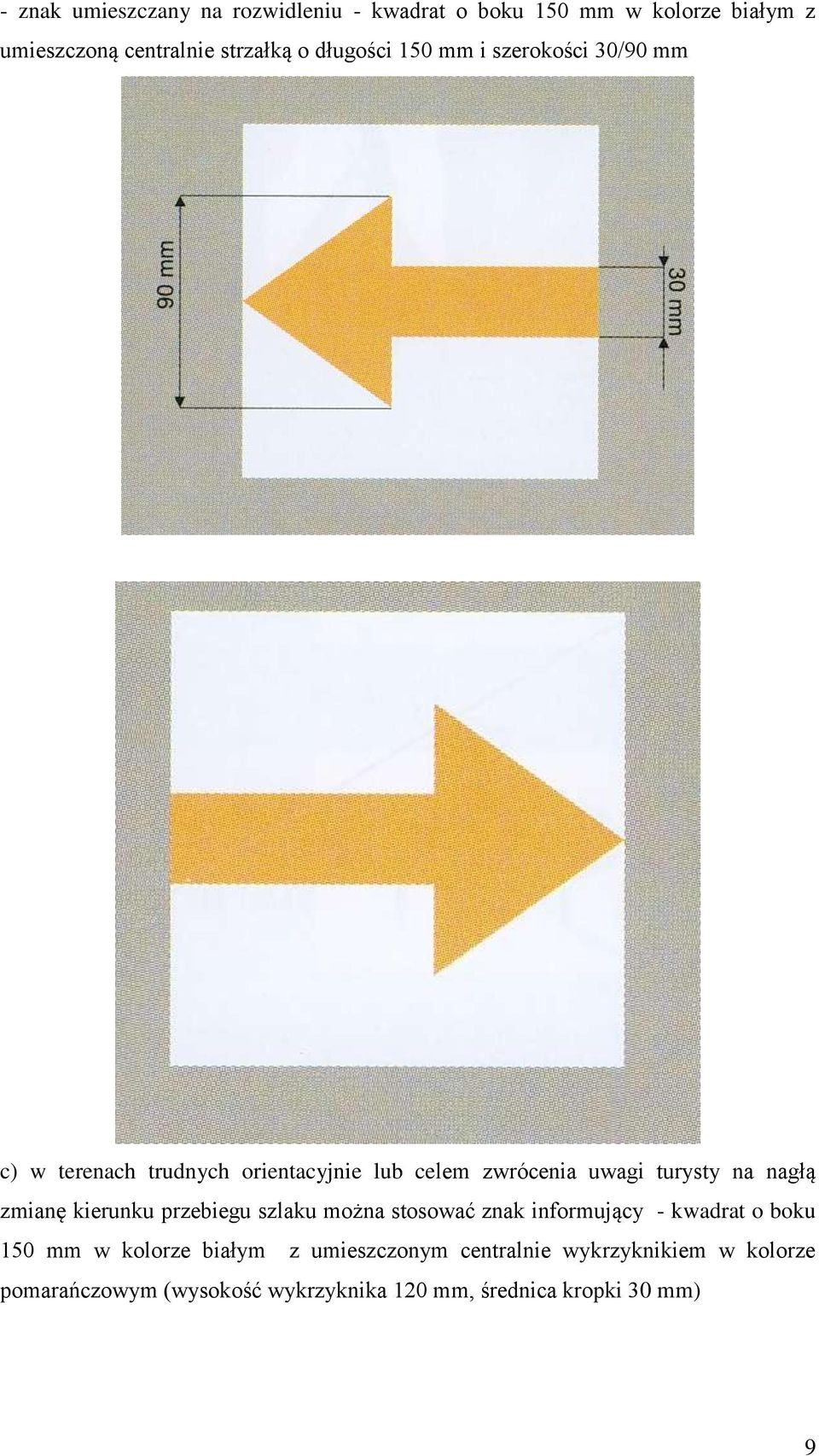nagłą zmianę kierunku przebiegu szlaku można stosować znak informujący - kwadrat o boku 150 mm w kolorze białym z