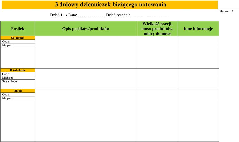 .. Strona 4 Posiłek Śniadanie Opis posiłków/produktów