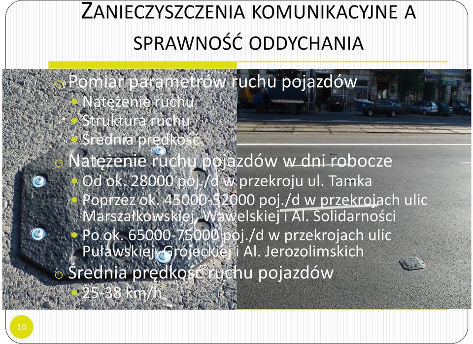 Tamka Poprzez ok. 45000-52000 poj./d w przekrojach ulic Marszałkowskiej, Wawelskiej i Al. Solidarności Po ok.