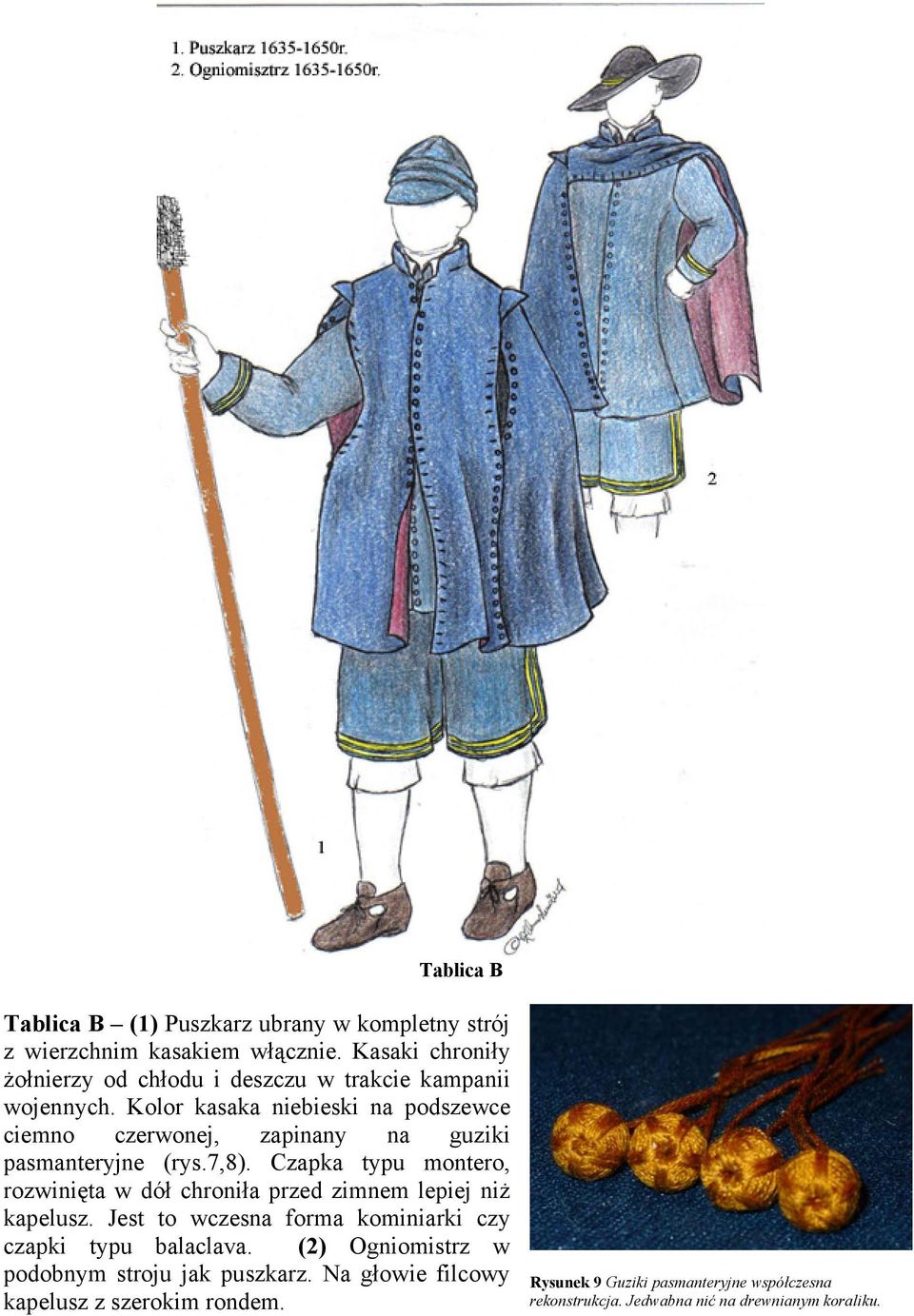 Kolor kasaka niebieski na podszewce ciemno czerwonej, zapinany na guziki pasmanteryjne (rys.7,8).