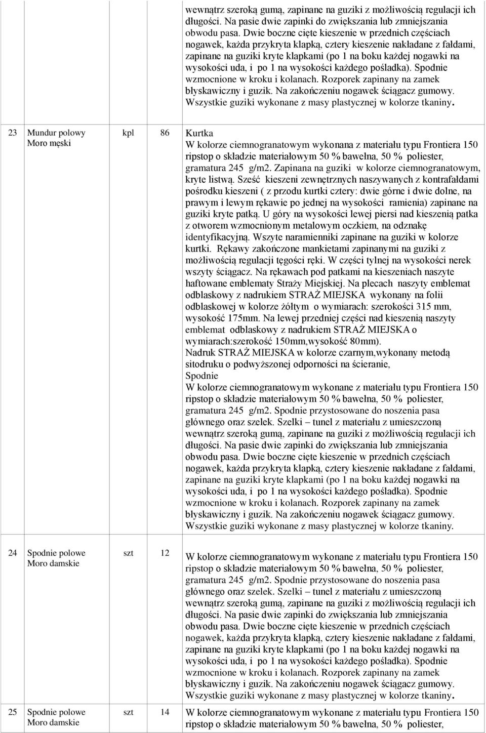 Sześć kieszeni zewnętrznych naszywanych z kontrafałdami pośrodku kieszeni ( z przodu kurtki cztery: dwie górne i dwie dolne, na prawym i lewym rękawie po jednej na wysokości ramienia) zapinane na