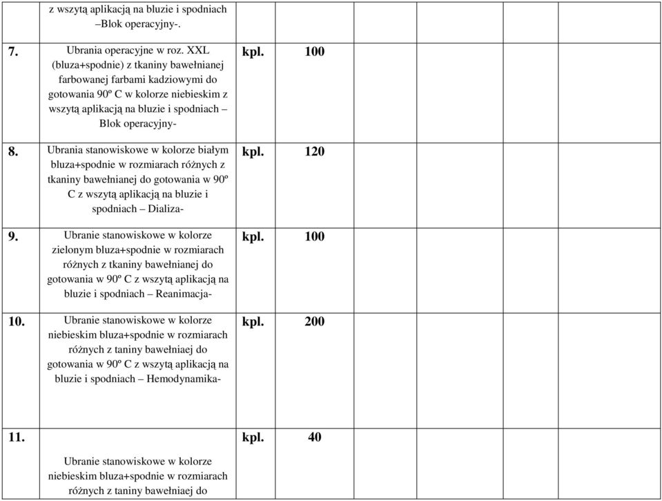 Ubrania stanowiskowe w kolorze białym bluza+spodnie w rozmiarach róŝnych z tkaniny bawełnianej do gotowania w 90º C z wszytą aplikacją na bluzie i spodniach Dializa- 9.