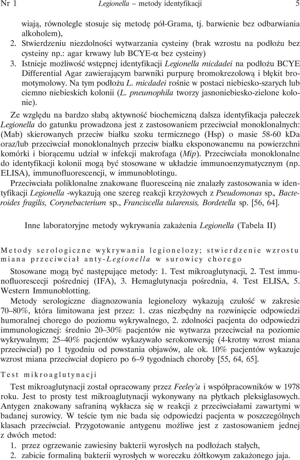 Istnieje możliwość wstępnej identyfikacji Legionella micdadei na podłożu BCYE Differential Agar zawierającym barwniki purpurę bromokrezolową i błękit bromotymolowy. Na tym podłożu L.