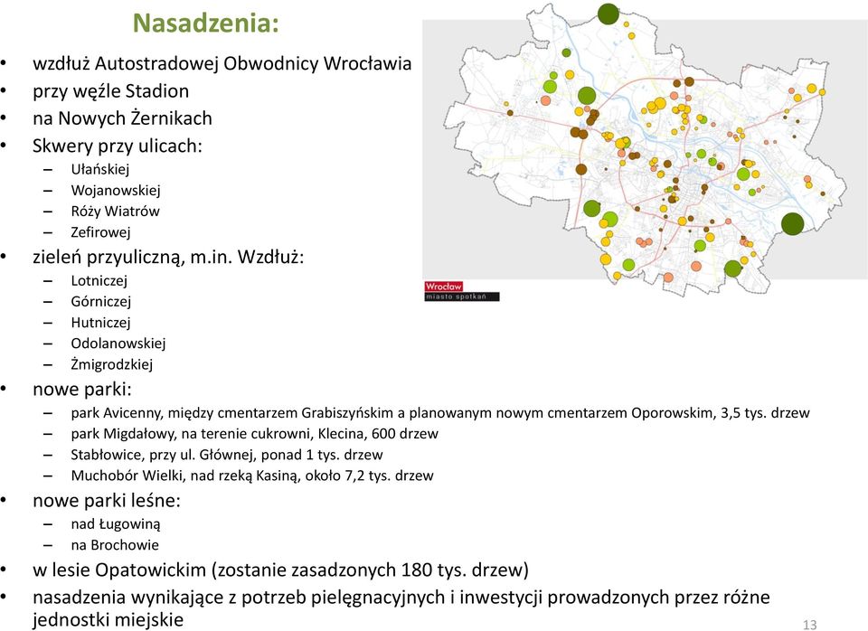 drzew park Migdałowy, na terenie cukrowni, Klecina, 600 drzew Stabłowice, przy ul. Głównej, ponad 1 tys. drzew Muchobór Wielki, nad rzeką Kasiną, około 7,2 tys.