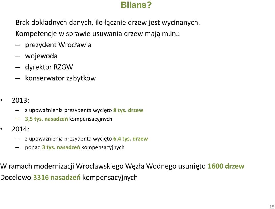 : prezydent Wrocławia wojewoda dyrektor RZGW konserwator zabytków 2013: z upoważnienia prezydenta wycięto 8 tys.