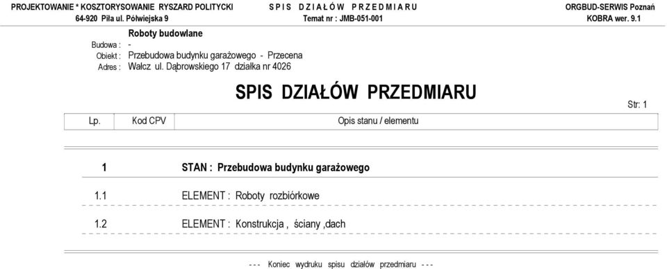 Kod CPV Opis stanu / elementu Str: 1 1 STAN : Przebudowa budynku garaŝowego 1.