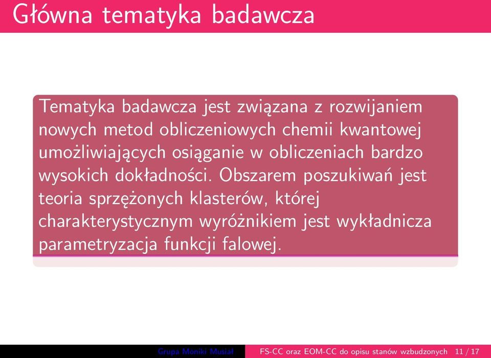 Obszarem poszukiwań jest teoria sprzężonych klasterów, której charakterystycznym wyróżnikiem jest