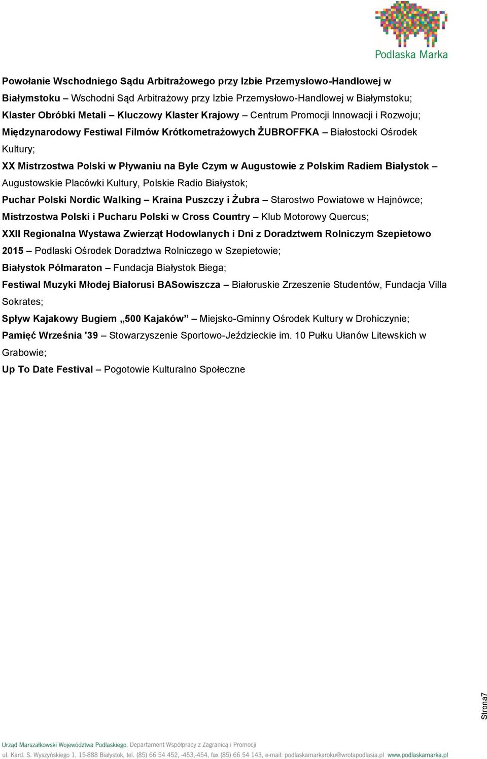 Augustowie z Polskim Radiem Białystok Augustowskie Placówki Kultury, Polskie Radio Białystok; Puchar Polski Nordic Walking Kraina Puszczy i Żubra Starostwo Powiatowe w Hajnówce; Mistrzostwa Polski i