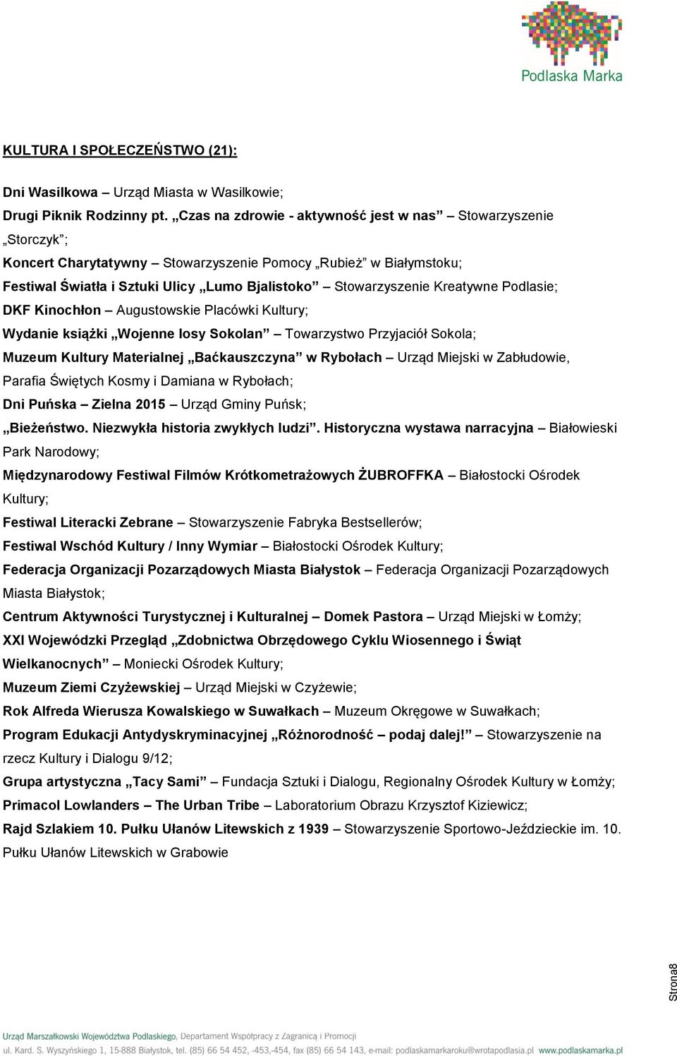 Kreatywne Podlasie; DKF Kinochłon Augustowskie Placówki Kultury; Wydanie książki Wojenne losy Sokolan Towarzystwo Przyjaciół Sokola; Muzeum Kultury Materialnej Baćkauszczyna w Rybołach Urząd Miejski