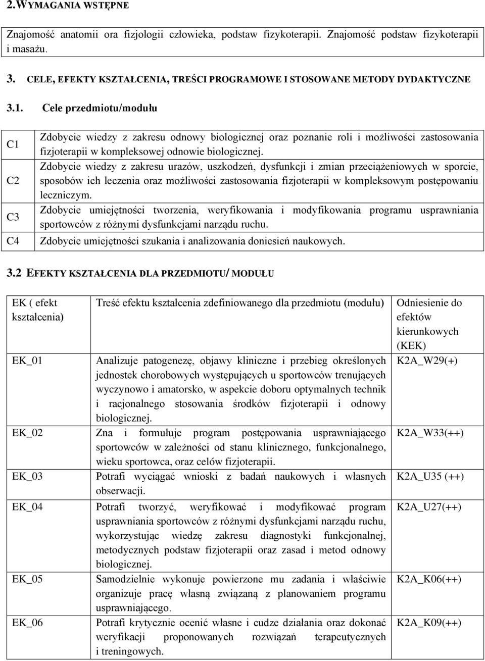 Cele przedmiotu/modułu C1 C2 C3 C4 Zdobycie wiedzy z zakresu odnowy biologicznej oraz poznanie roli i możliwości zastosowania fizjoterapii w kompleksowej odnowie biologicznej.