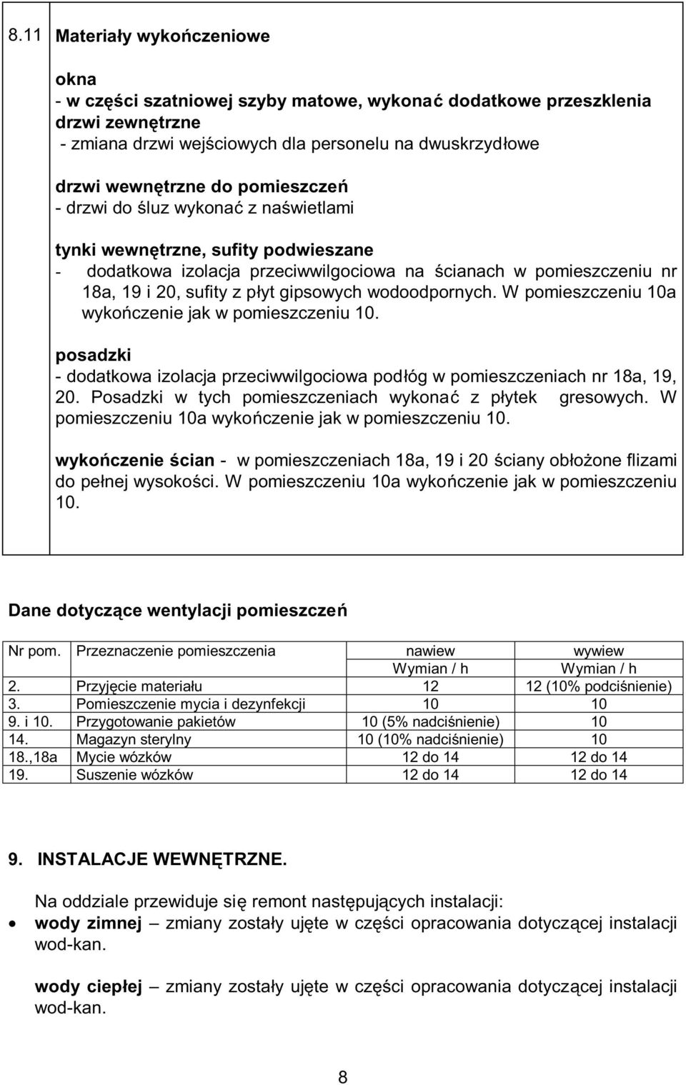 wodoodpornych. W pomieszczeniu 10a wykończenie jak w pomieszczeniu 10. posadzki - dodatkowa izolacja przeciwwilgociowa podłóg w pomieszczeniach nr 18a, 19, 20.