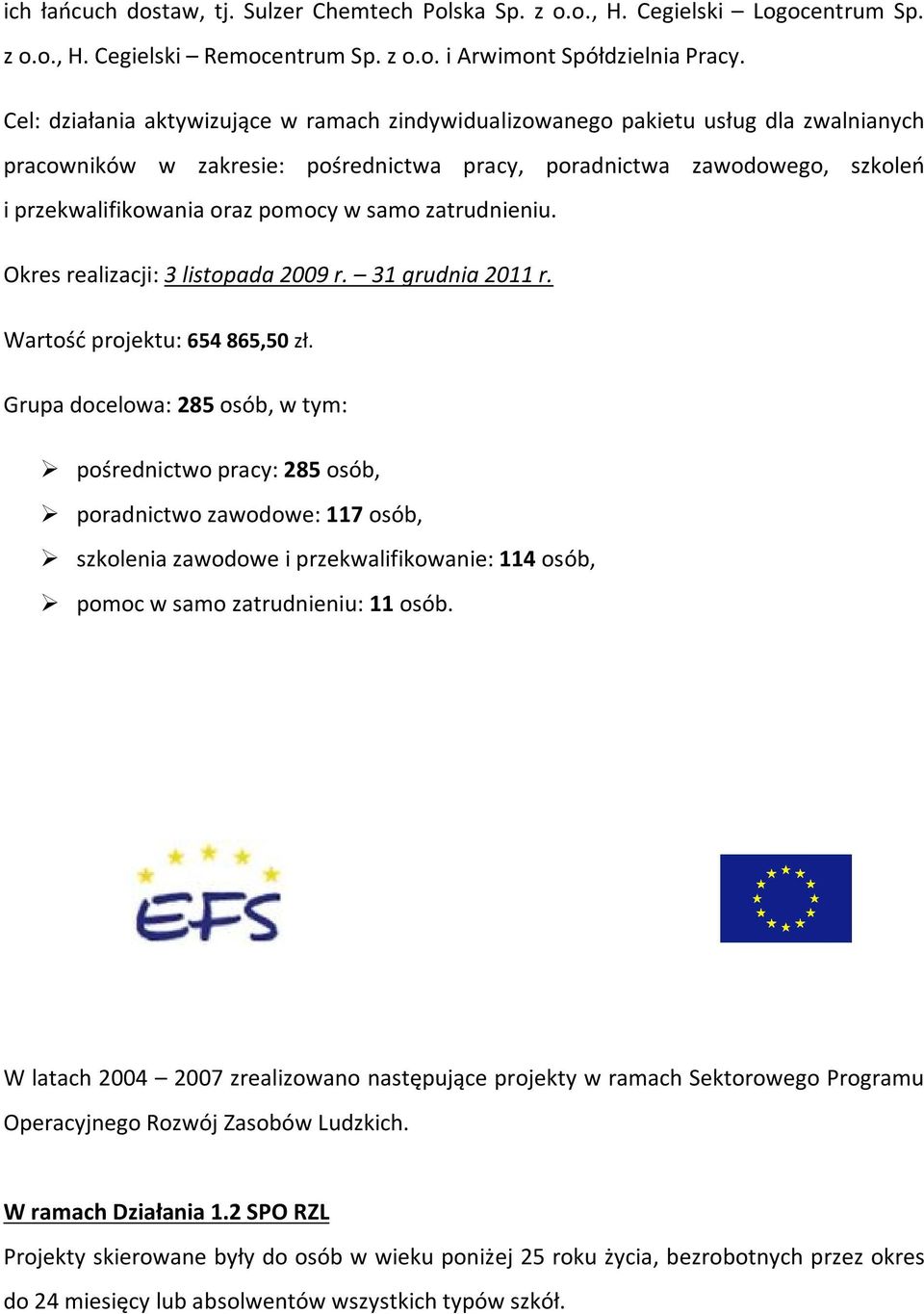 zatrudnieniu. Okres realizacji: 3 listopada 2009 r. 31 grudnia 2011 r. Wartość projektu: 654 865,50 zł.