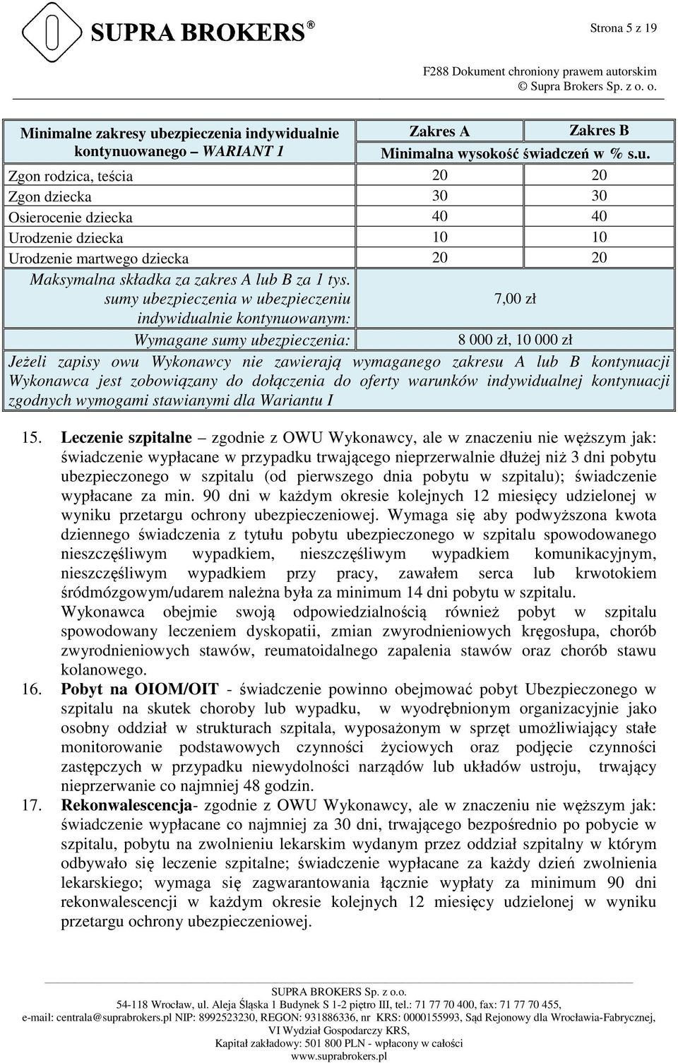 sumy ubezpieczenia w ubezpieczeniu indywidualnie kontynuowanym: 7,00 zł Wymagane sumy ubezpieczenia: 8 000 zł, 10 000 zł Jeżeli zapisy owu Wykonawcy nie zawierają wymaganego zakresu A lub B