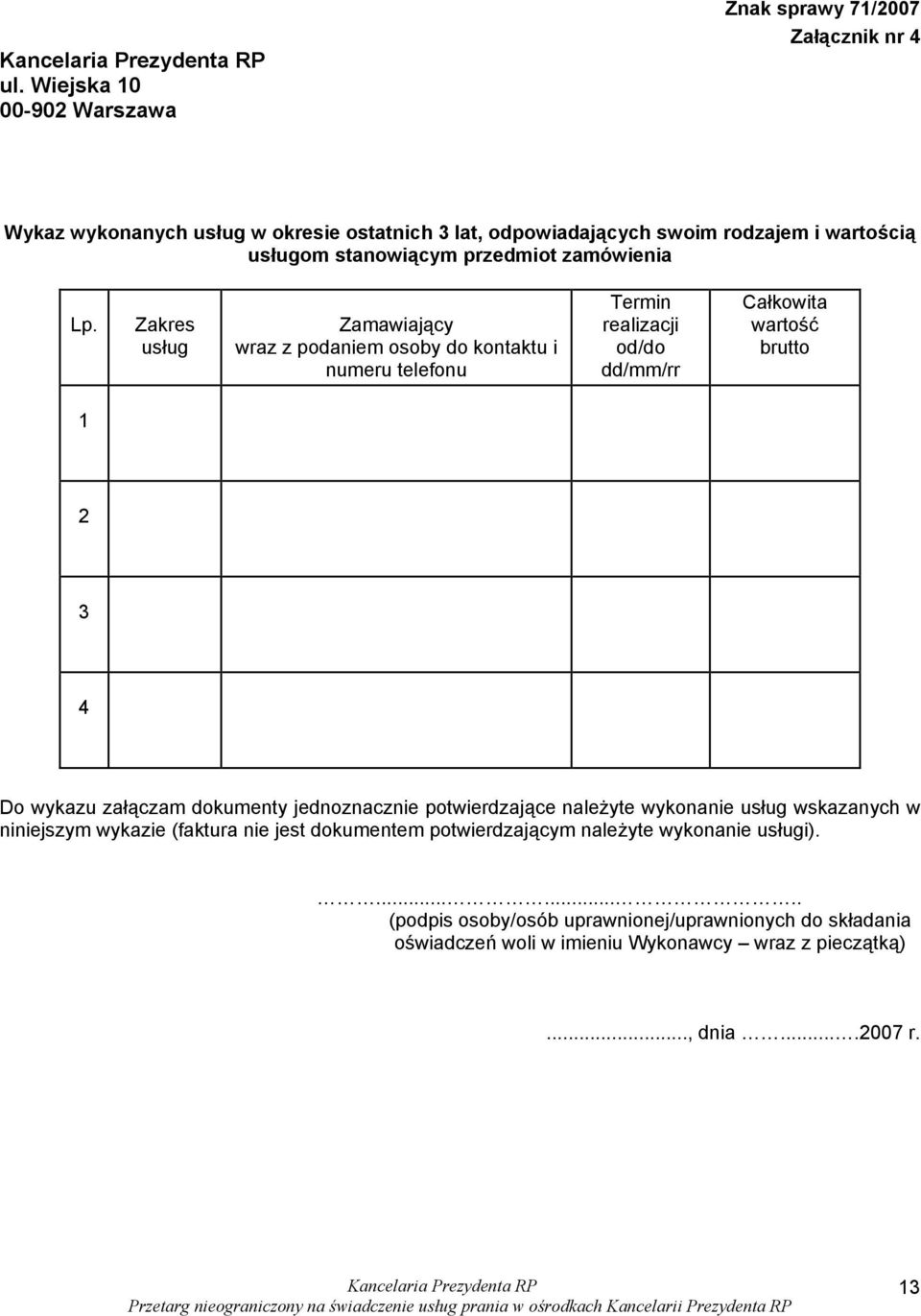 Zakres usług Zamawiający wraz z podaniem osoby do kontaktu i numeru telefonu Termin realizacji od/do dd/mm/rr Całkowita wartość brutto 1 2 3 4 Do wykazu załączam