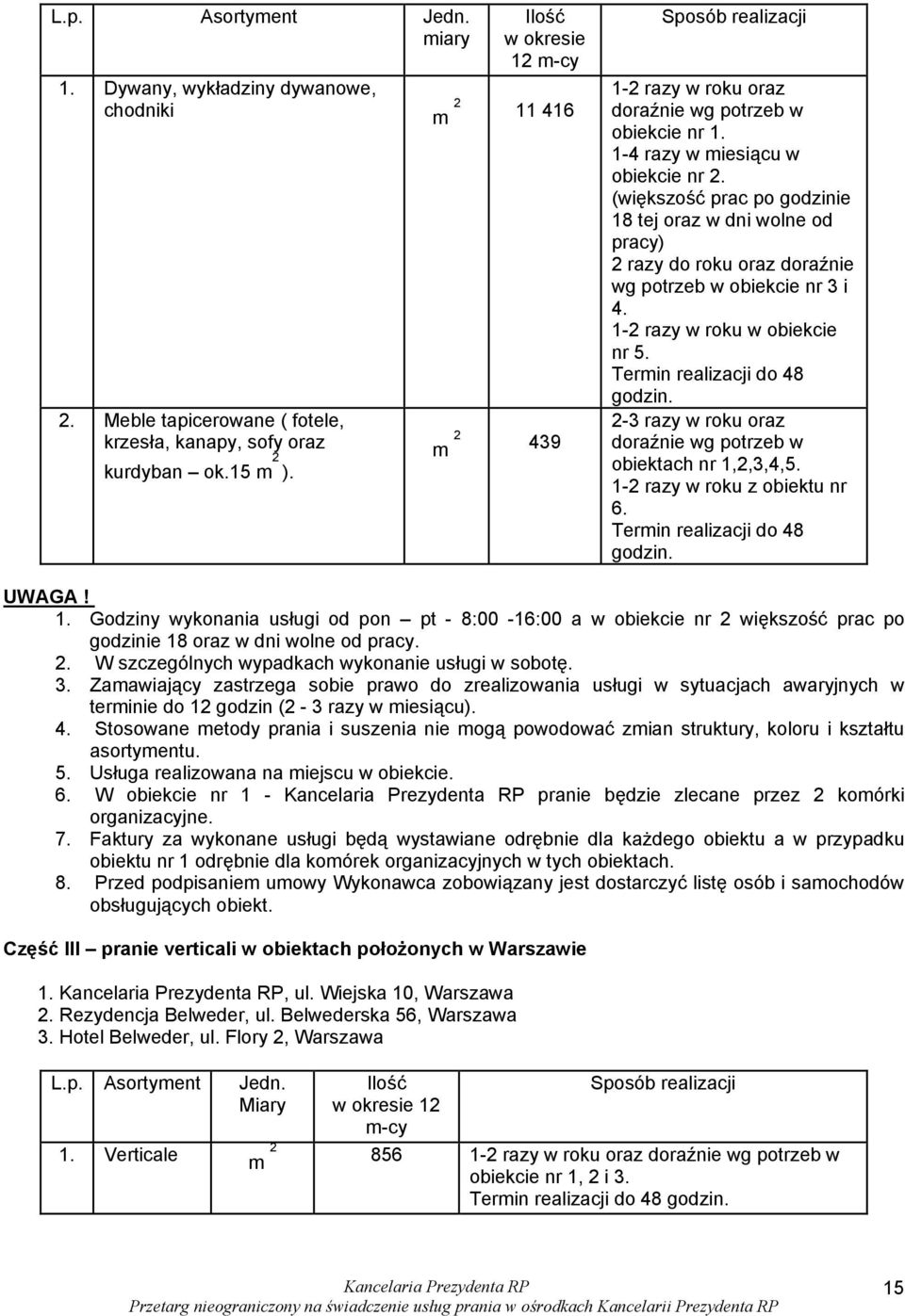 (większość prac po godzinie 18 tej oraz w dni wolne od pracy) 2 razy do roku oraz doraźnie wg potrzeb w obiekcie nr 3 i 4. 1-2 razy w roku w obiekcie nr 5. Termin realizacji do 48 godzin.