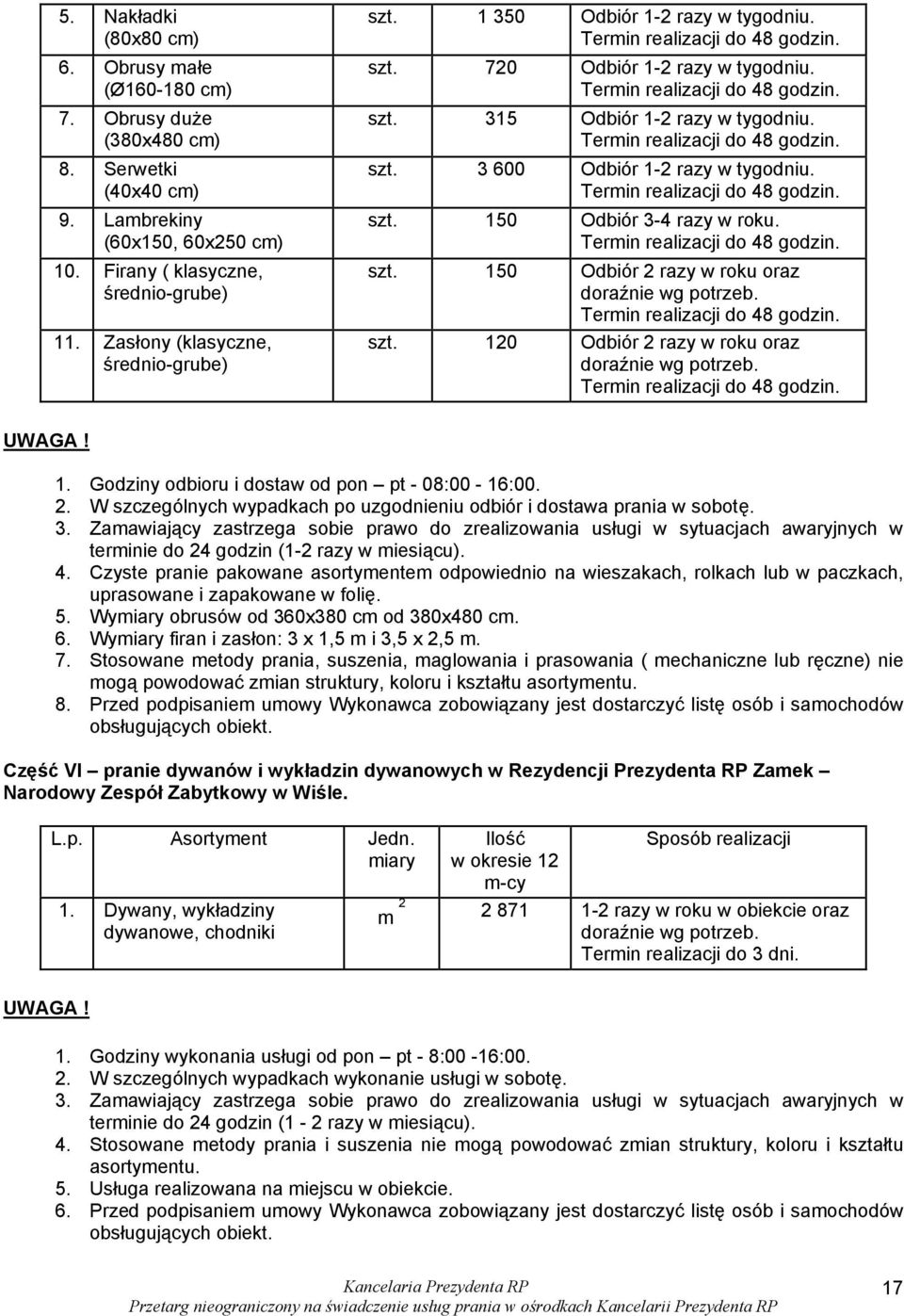 Termin realizacji do 48 godzin. szt. 3 600 Odbiór 1-2 razy w tygodniu. Termin realizacji do 48 godzin. szt. 150 Odbiór 3-4 razy w roku. Termin realizacji do 48 godzin. szt. 150 Odbiór 2 razy w roku oraz doraźnie wg potrzeb.