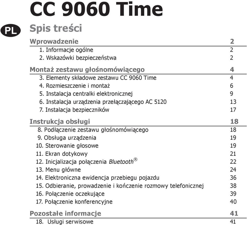 Podłączenie zestawu głośnomówiącego 18 9. Obsługa urządzenia 19 10. Sterowanie głosowe 19 11. Ekran dotykowy 21 12. Inicjalizacja połączenia Bluetooth 22 13. Menu główne 24 14.