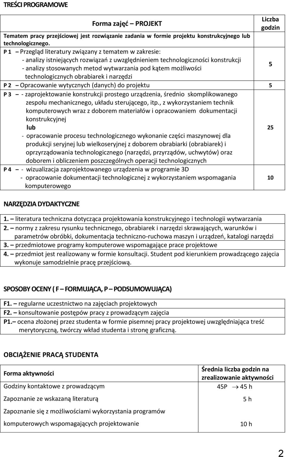 technologicznych obrabiarek i narzędzi P 2 Opracowanie wytycznych (danych) do projektu 5 P 3 - zaprojektowanie konstrukcji prostego urządzenia, średnio skomplikowanego zespołu mechanicznego, układu