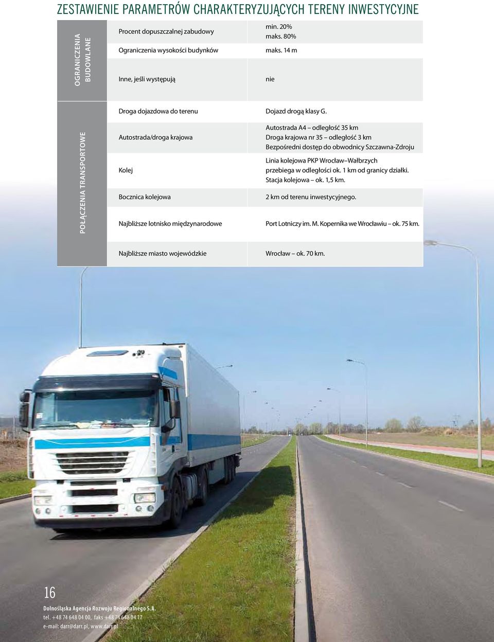POŁĄCZENIA TRANSPORTOWE Autostrada/droga krajowa Kolej Bocznica kolejowa Najbliższe lotnisko międzynarodowe Autostrada A4 odległość 35 km Droga krajowa nr 35 odległość 3 km Bezpośredni dostęp do