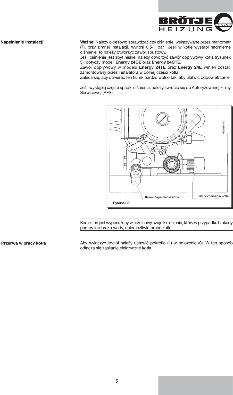 Jeśli ciśnienie jest zbyt niskie, należy otworzyć zawór dopływowy kotła (rysunek 3); dotyczy modeli Energy 24CE oraz Energy 24CTE.