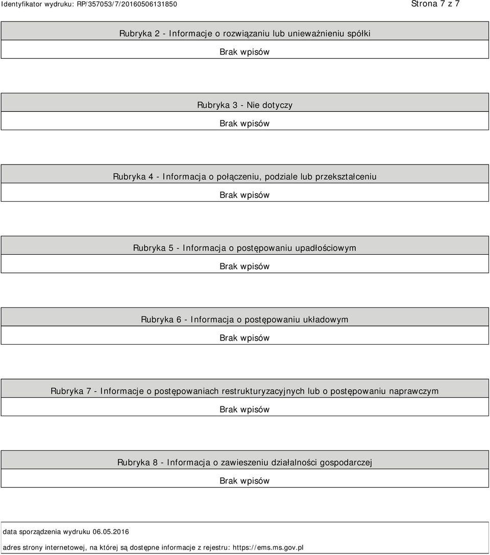 7 - Informacje o postępowaniach restrukturyzacyjnych lub o postępowaniu naprawczym Rubryka 8 - Informacja o zawieszeniu działalności