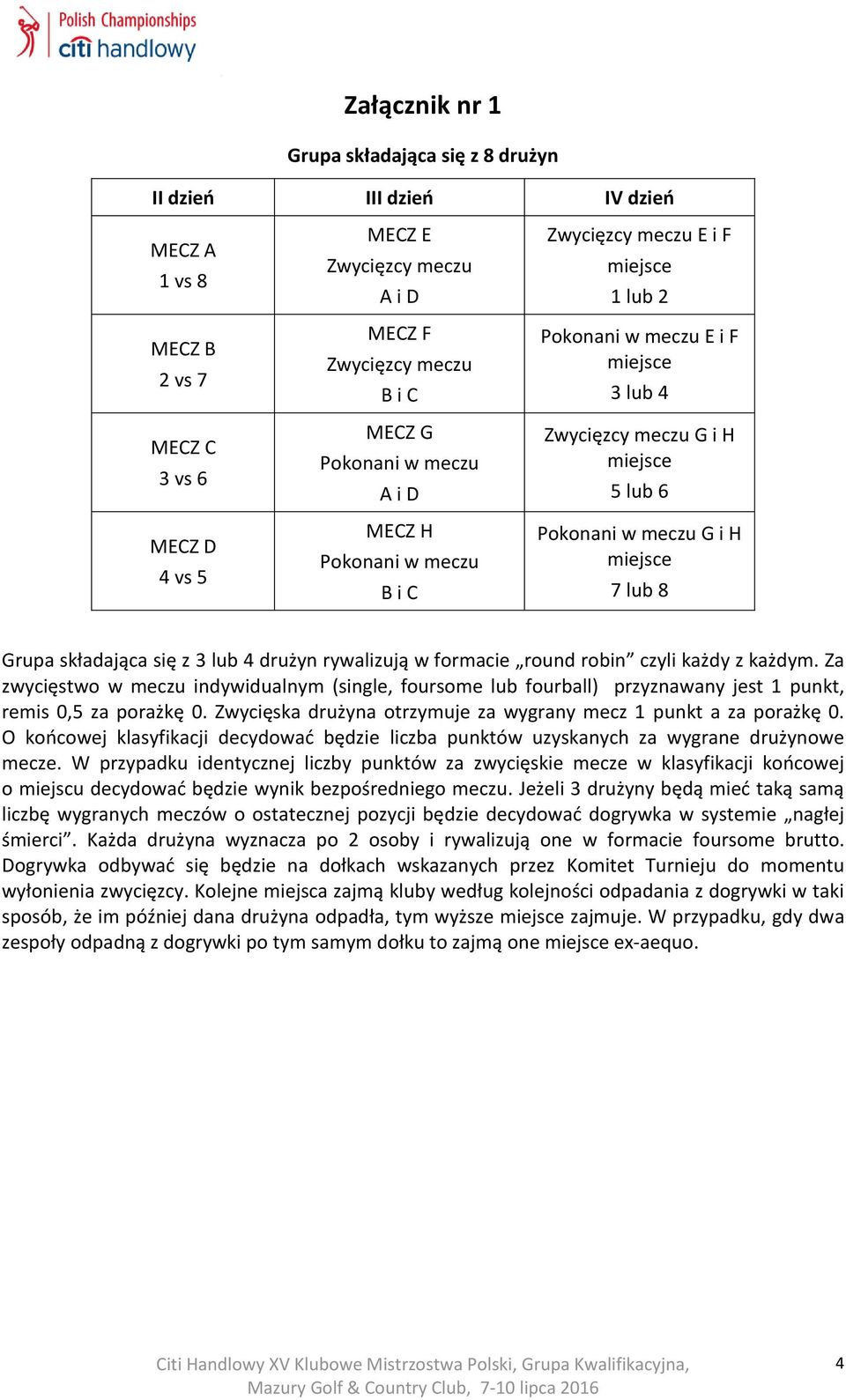 lub 4 drużyn rywalizują w formacie round robin czyli każdy z każdym. Za zwycięstwo w meczu indywidualnym (single, foursome lub fourball) przyznawany jest 1 punkt, remis 0,5 za porażkę 0.