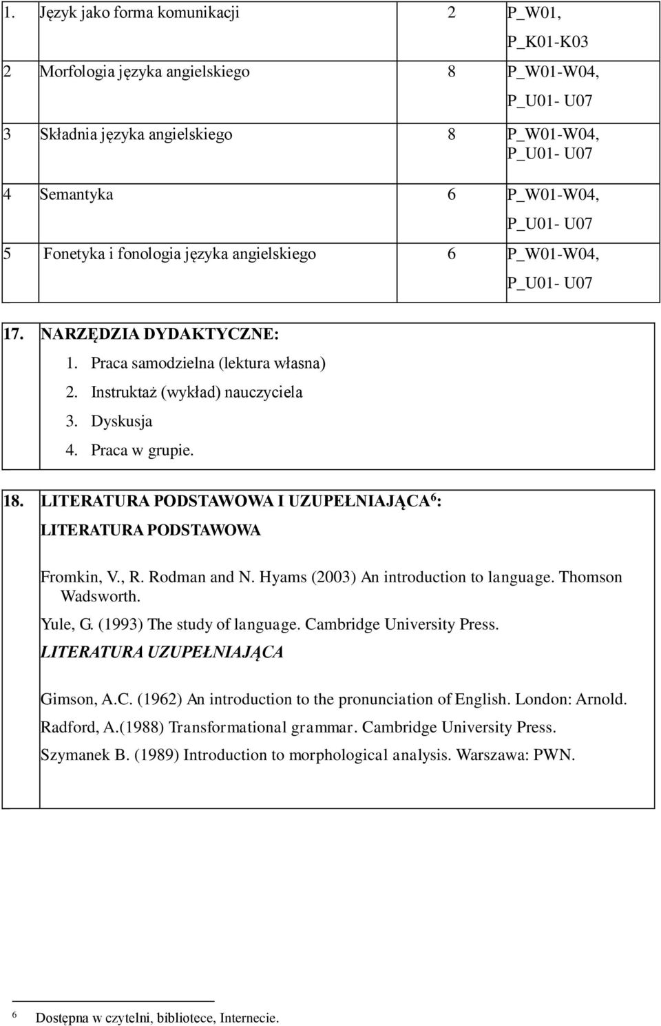 LITERATURA PODSTAWOWA I UZUPEŁNIAJĄCA 6 : LITERATURA PODSTAWOWA Fromkin, V., R. Rodman and N. Hyams (23) An introduction to language. Thomson Wadsworth. Yule, G. (1993) The study of language.