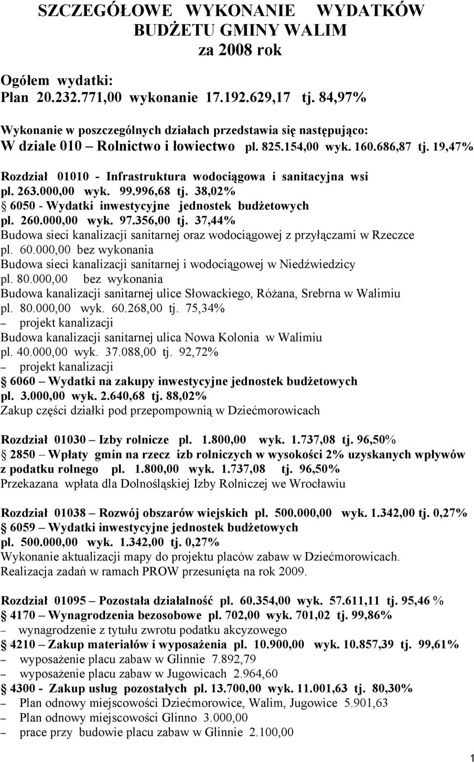 19,47% Rozdział 01010 - Infrastruktura wodociągowa i sanitacyjna wsi pl. 263.000,00 wyk. 99.996,68 tj. 38,02% 6050 - Wydatki inwestycyjne jednostek budżetowych pl. 260.000,00 wyk. 97.356,00 tj.