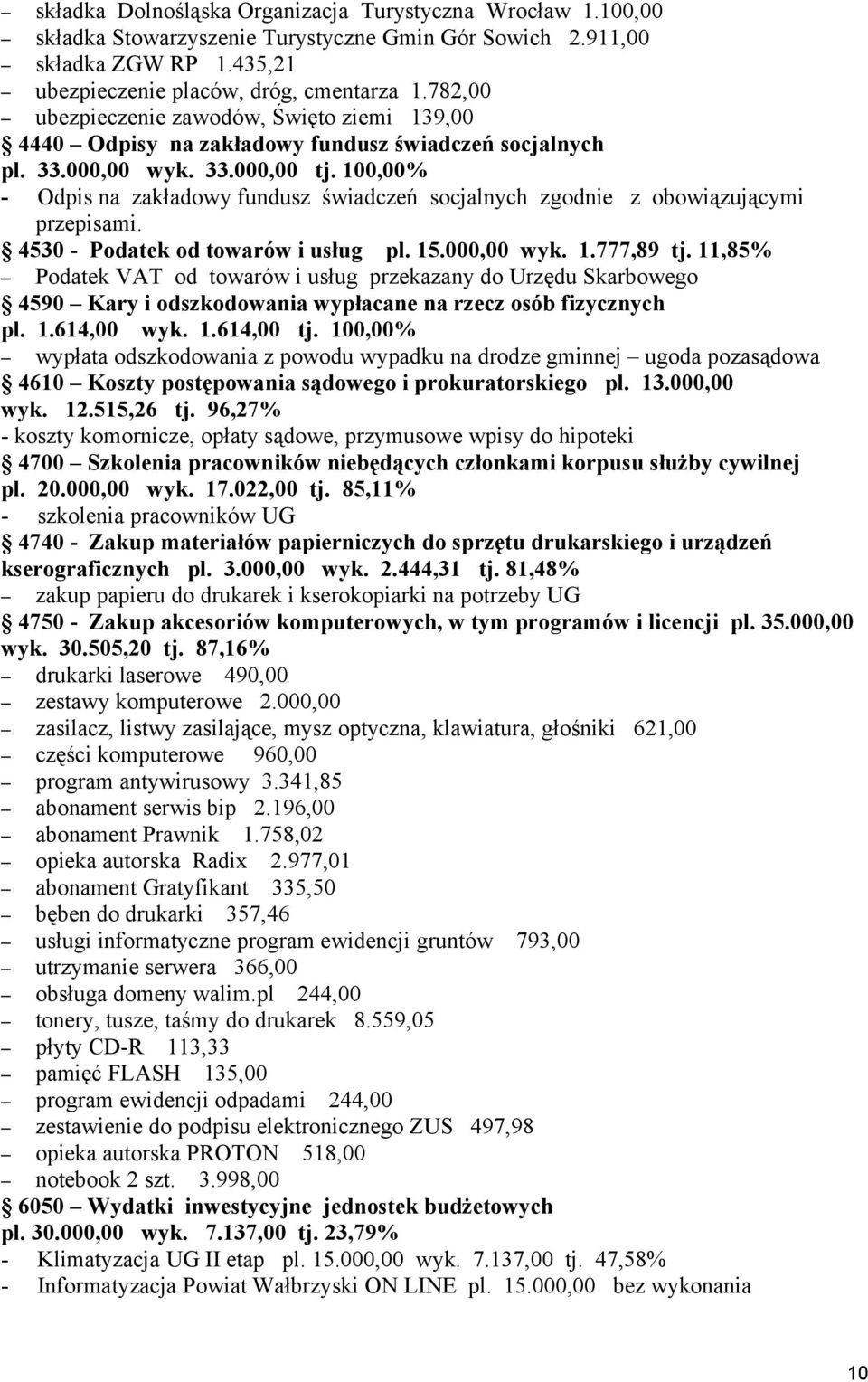 100,00% - Odpis na zakładowy fundusz świadczeń socjalnych zgodnie z obowiązującymi przepisami. 4530 - Podatek od towarów i usług pl. 15.000,00 wyk. 1.777,89 tj.