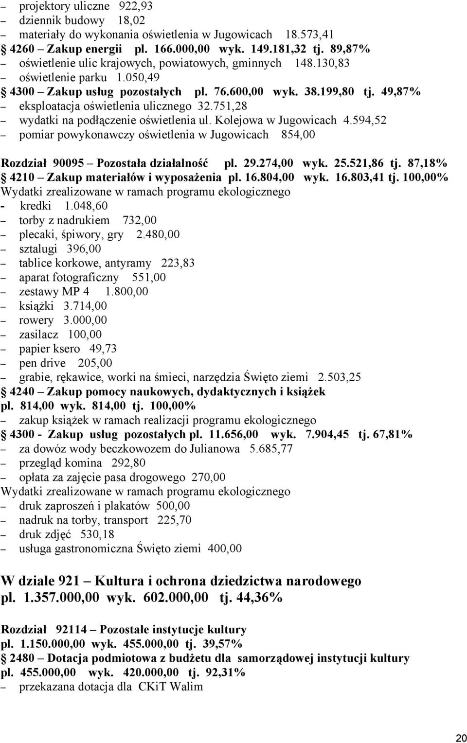 49,87% eksploatacja oświetlenia ulicznego 32.751,28 wydatki na podłączenie oświetlenia ul. Kolejowa w Jugowicach 4.