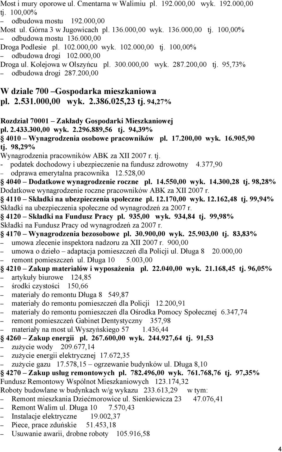 200,00 W dziale 700 Gospodarka mieszkaniowa pl. 2.531.000,00 wyk. 2.386.025,23 tj. 94,27% Rozdział 70001 Zakłady Gospodarki Mieszkaniowej pl. 2.433.300,00 wyk. 2.296.889,56 tj.