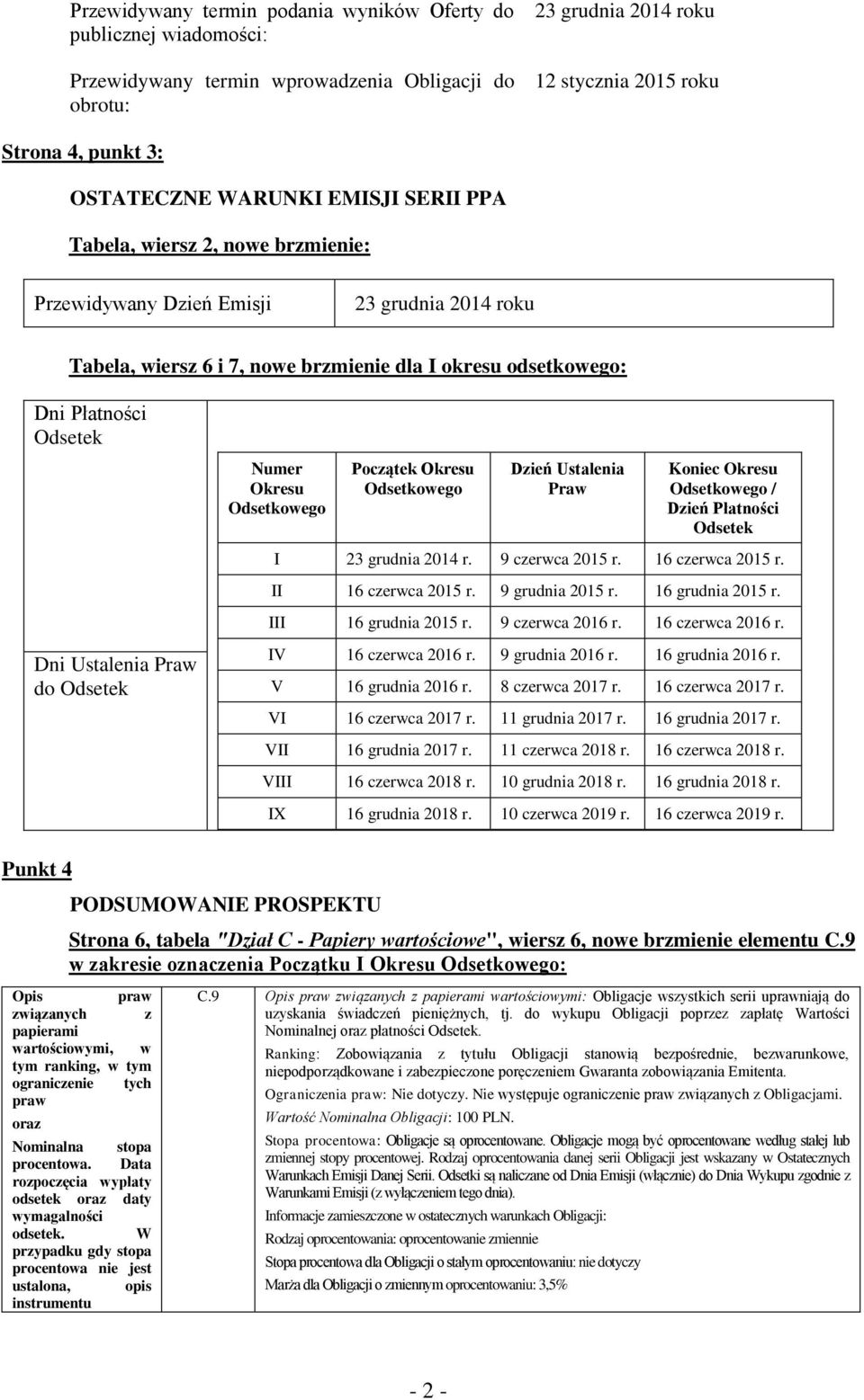 Płatności Odsetek Punkt 4 PODSUMOWANIE PROSPEKTU Strona 6, tabela "Dział C - Papiery wartościowe", wiersz 6, nowe brzmienie elementu C.