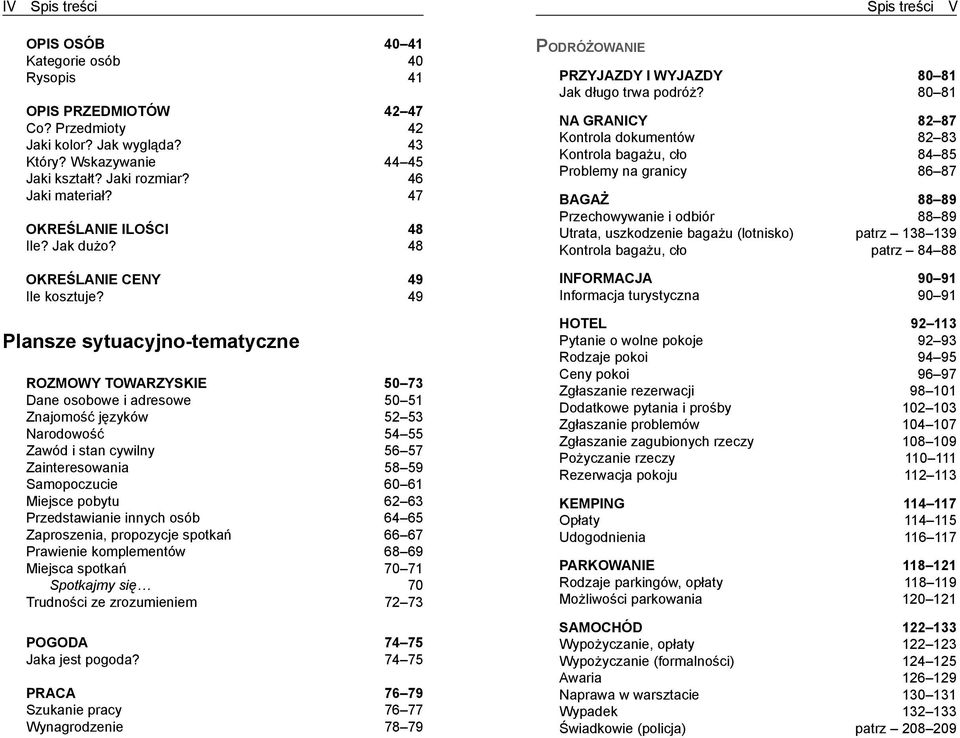 49 Plansze sytuacyjno-tematyczne Rozmowy towarzyskie 50 73 Dane osobowe i adresowe 50 51 Znajomość języków 52 53 Narodowość 54 55 Zawód i stan cywilny 56 57 Zainteresowania 58 59 Samopoczucie 60 61
