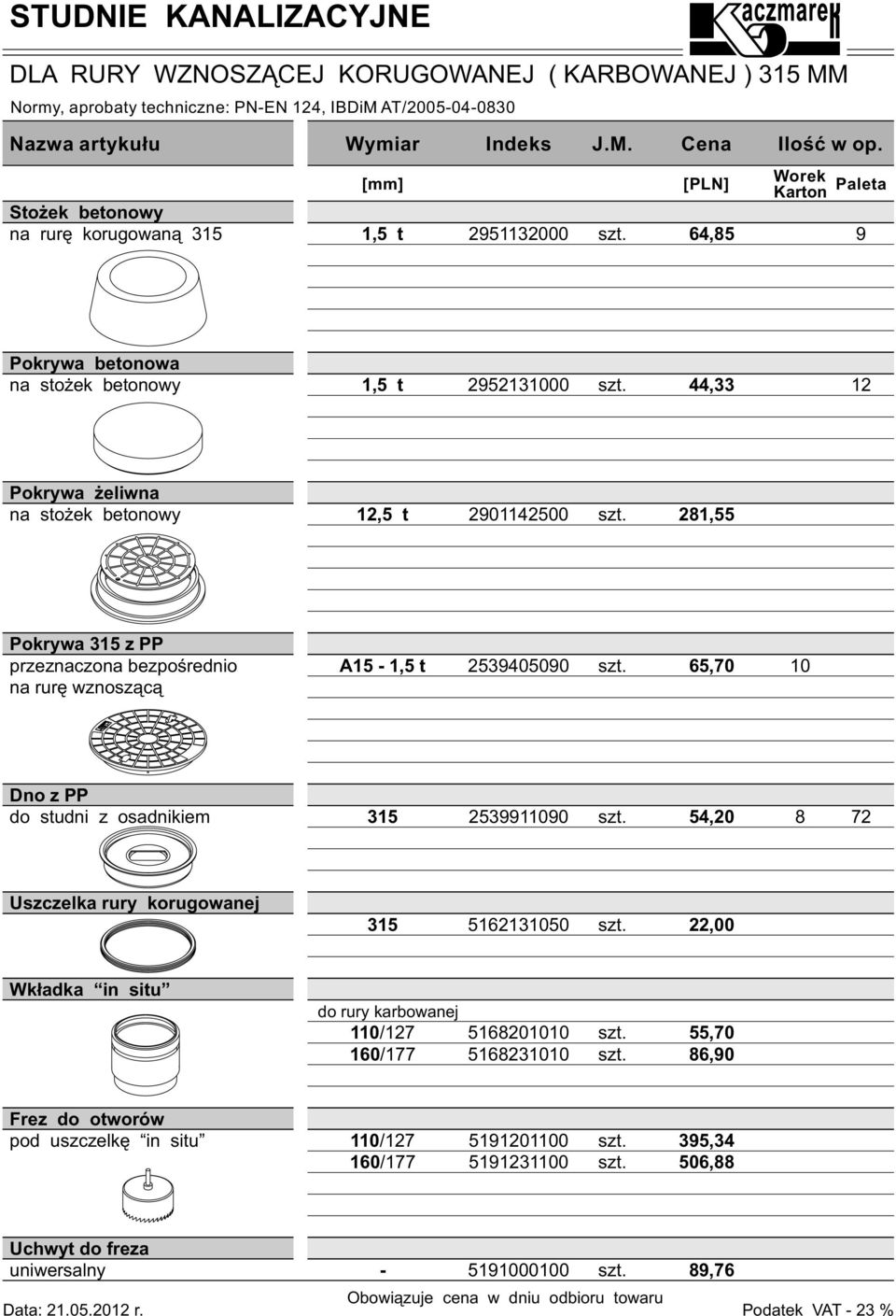 bezpoœrednio na rurê wznosz¹c¹ A15-1,5 t 5905090 5,70 10 Dno z PP do studni z osadnikiem 15 59911090 5,0 8 7 Uszczelka rury korugowanej 15 5111050,00 Wk³adka in situ do rury